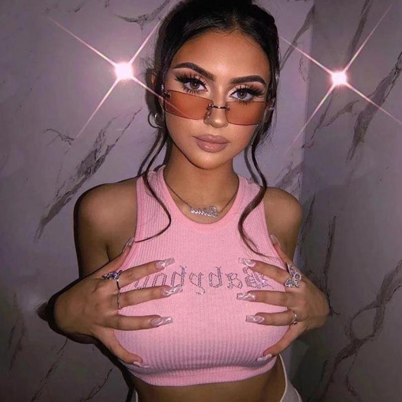 

Инкрустированная бриллиантами буквенная мода, уличный спортивный стиль, европейский и американский весенне-летний новый облегающий топ на бретелях с открытым пупком S розовый