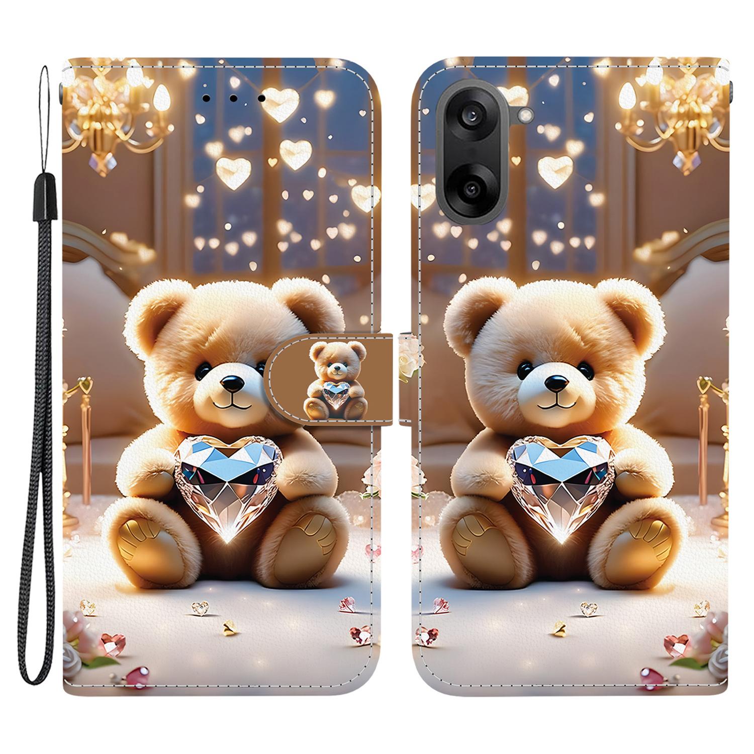 

For OnePlus Nord CE5 5G/Ace 5 Racing 5G Leather Case Stand Wallet Pattern Printing Phone Cover with Wrist Strap Diamond Bear