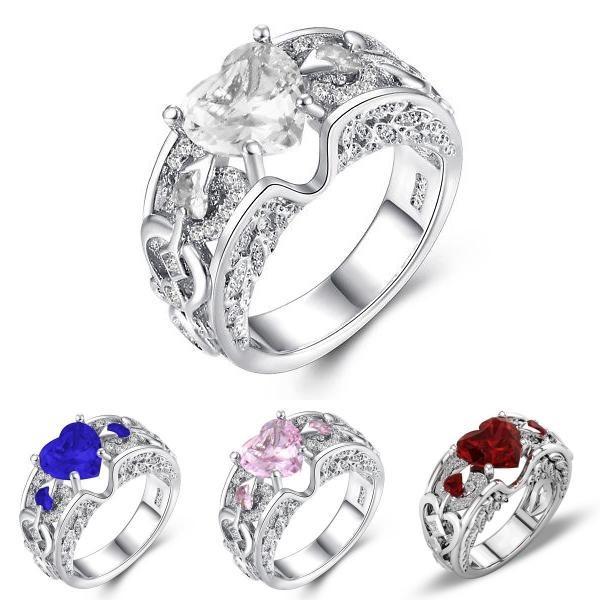 Elegant Women Ladies Rhinestone Princess Heart Shape Jewelry Wedding Ring