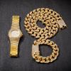 Hip Hop Men Bling Iced Out Gold 20mm Watch Bracelets Necklace Cuban Link Chain Set Watch Necklace Bracelet Jewelry Set