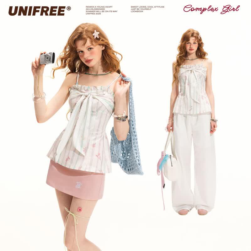 UNIFREE Sweet Floral Stripe Chiffon Camisole Blouse L