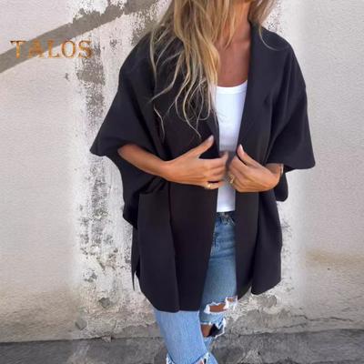 Damenjacke im Cape-Stil mit Kapuze und Taschen, einfarbig, offene Nähte, lockerer Thermomantel mit Dreiviertelärmeln, zum Wandern, Workout, Frühling, Herbst, Wintermantel