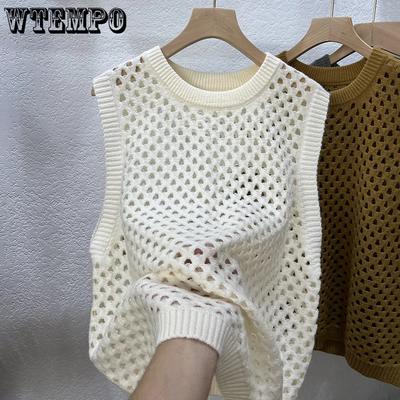 Retro Damen Rundhals Strickweste mit Aushöhlungen Frühling und Herbst Neu Locker gestrickte Weste