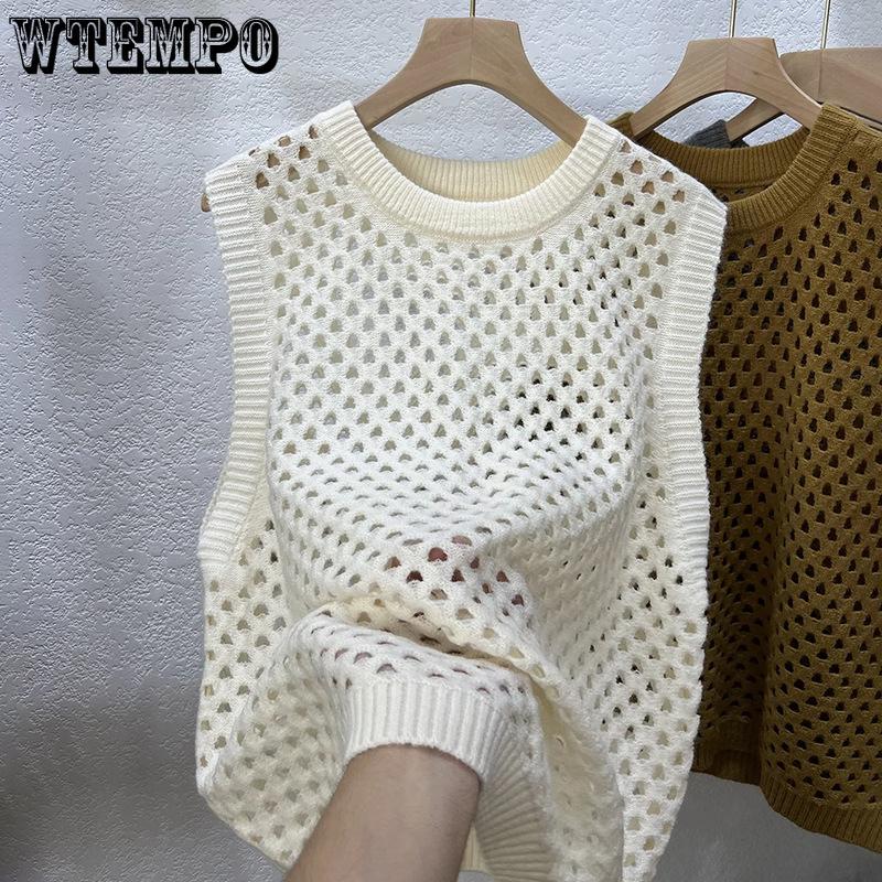 Retro Women's Round Neck Hollowed Out Knitted Vest Spring and Autumn New Loose Knitted Vest