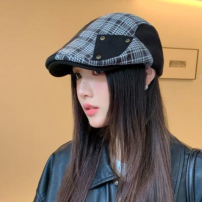 British Retro Plaid Splicing Front Hat Autumn and Winter Face Showing Small Windproof Newspaper Beret Korean Style Fashion Versatile Beret
