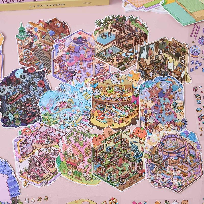 Fantasy Park 3D Scene Sticker Book DIY Craft Kit 61 Sheets 40 Stickers 20 Cards with Tweezers for Journaling Scrapbooking Card