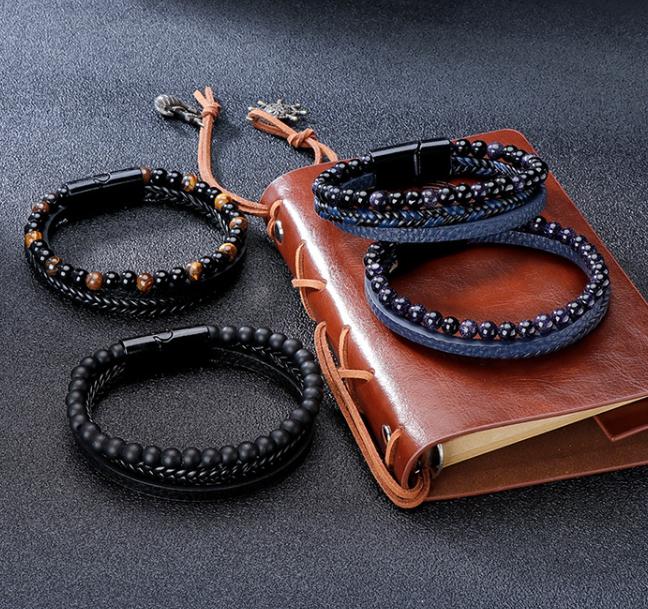 Men' bracelet, black leather, 3-in-1, steel, black elements, gift, 21cm