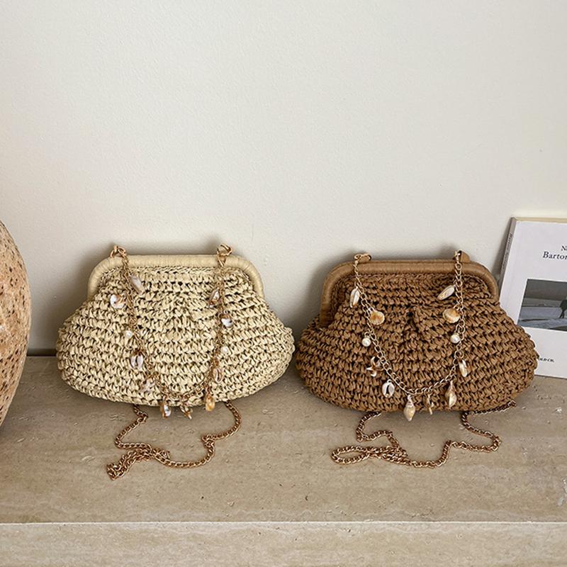 Yogodlns Summer Straw Weaving Crossbody Bag Fashionable Shell Bag Women's Chain Strap Shoulder Bag