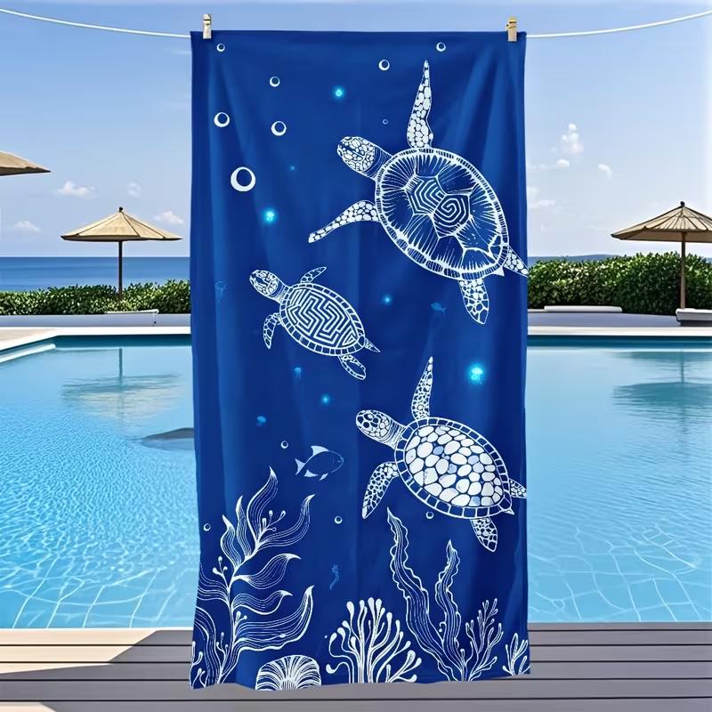 Tiefblaue Strichzeichnung Meeresschildkröte Korallen Strandtuch Unterwasserblasen Meeresdruck Sandfreies Handtuch Nautisches Muster Strandtuch