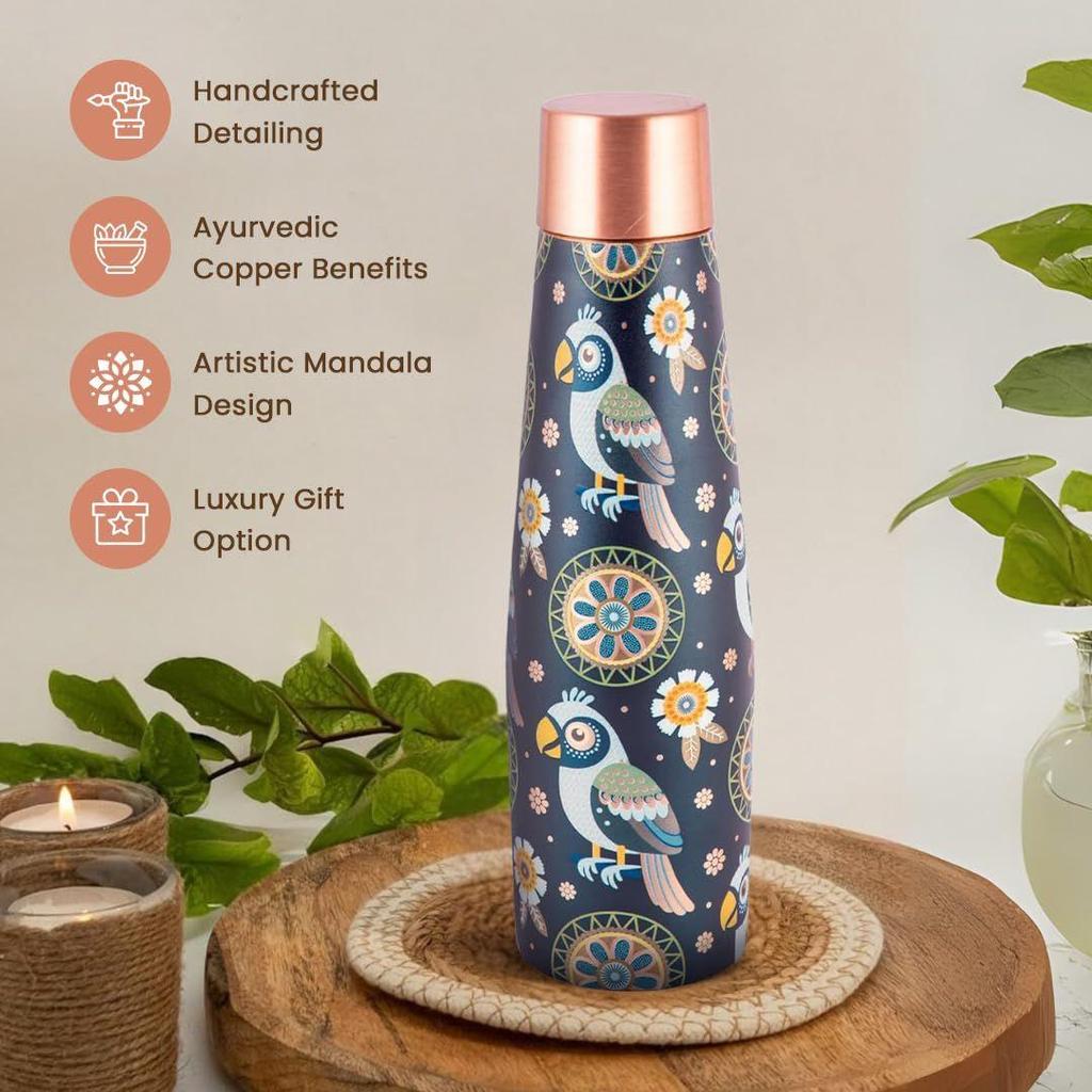 Artistic Copper Bottle & Glass Gift Set with Blue Mandala Print – 900ml Bottle + 2 x 250ml Glasses | Handcrafted Heavy-Gauge Pure Copper Wellness Gift