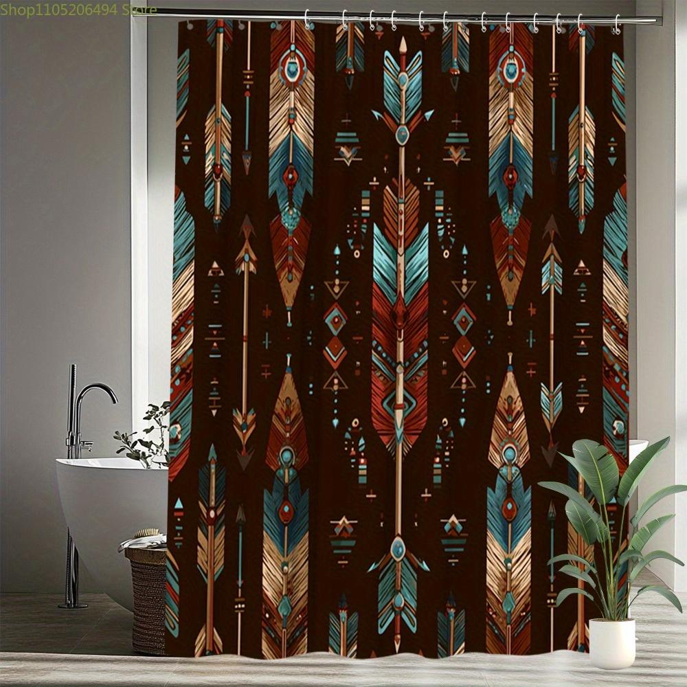 1pc Western Boho Shower Curtain - Southwestern Bathroom Decor with Teal Blue, Orange, Brown, Black, White, Gray, Beige - Extra