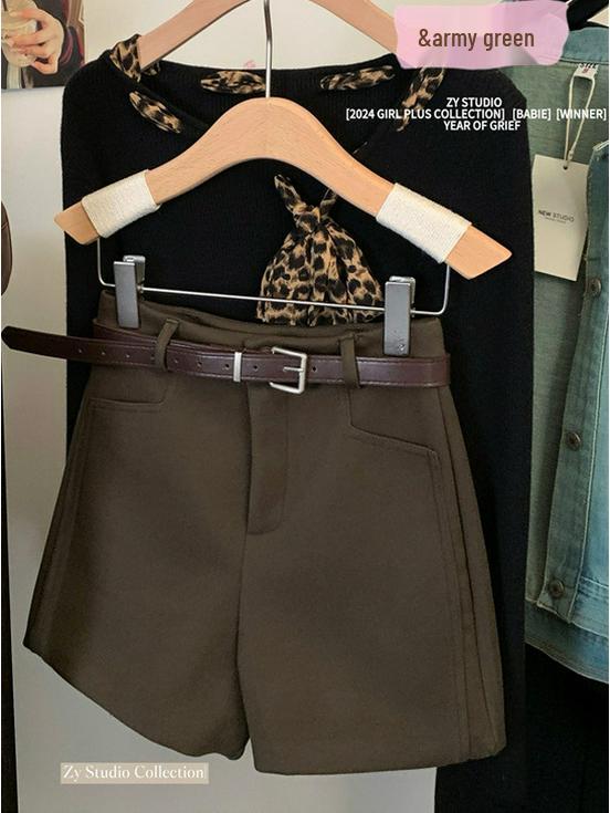 Gray Wool Blend High-Waisted Wide-Leg Shorts for Women - Autumn/Winter Versatile Outerwear