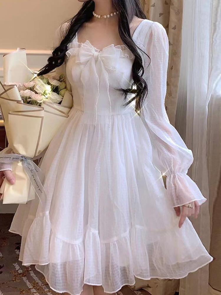 

Белое кавайное платье, женское шифоновое мини-платье в стиле Лолиты с длинным рукавом, сказочный халат с бантом и оборками, лоскутное платье с квадратным воротником