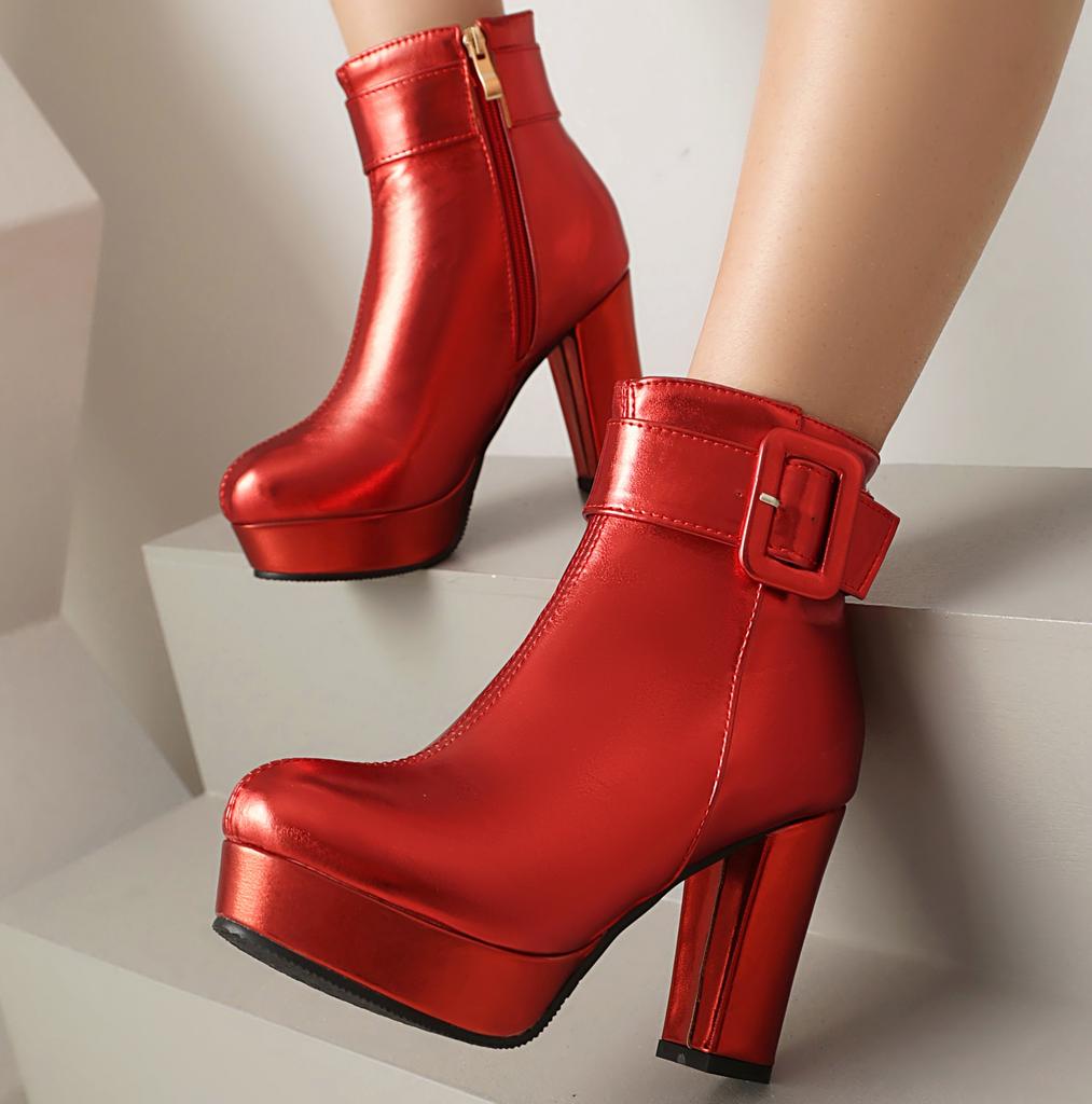 Luxuriöse Damen Stiefeletten High Heels Plateau Kurzer Stiefel Reißverschluss Gold Silber Rosa Rot Party Tanzschuhe Damen Übergröße 45 48