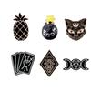 Creative Enamel Cat Head Brooch: Black Alloy Badge for Jackets, Bags, and Accessories - European/American Punk Style Playing Cards Theme.