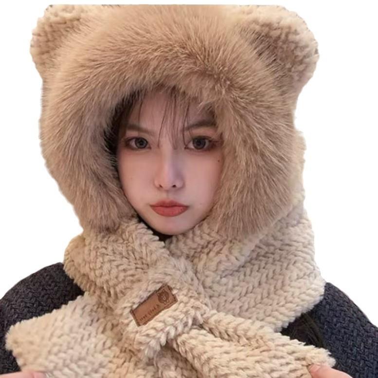 Bear Hat Scarf Set For Winter Adults Warm Knit Windproof Earmuff Gloves Gift Idea