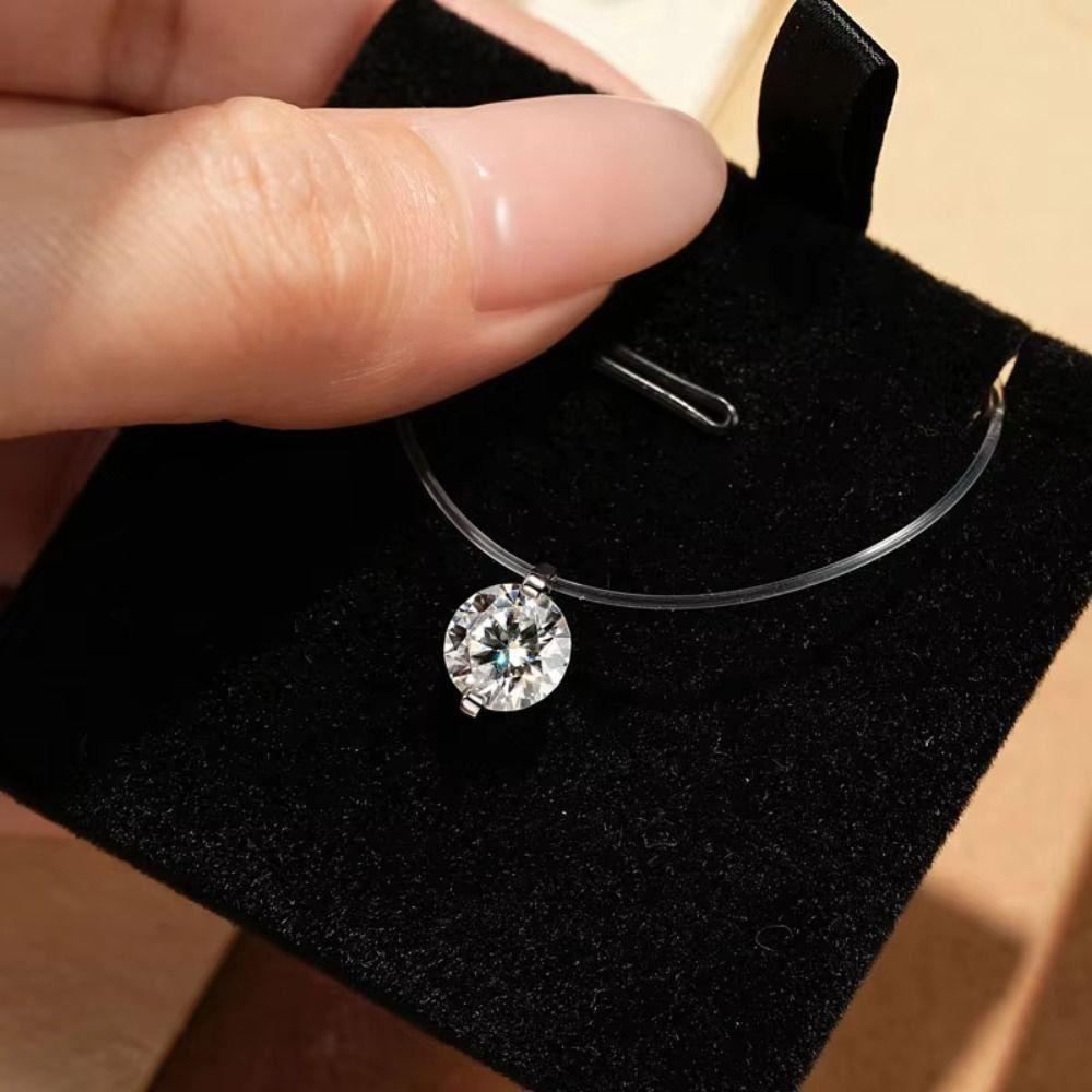 Invisible Zircon Pendant Necklace S925 Silver Solitaire Fishline Choker  for Female