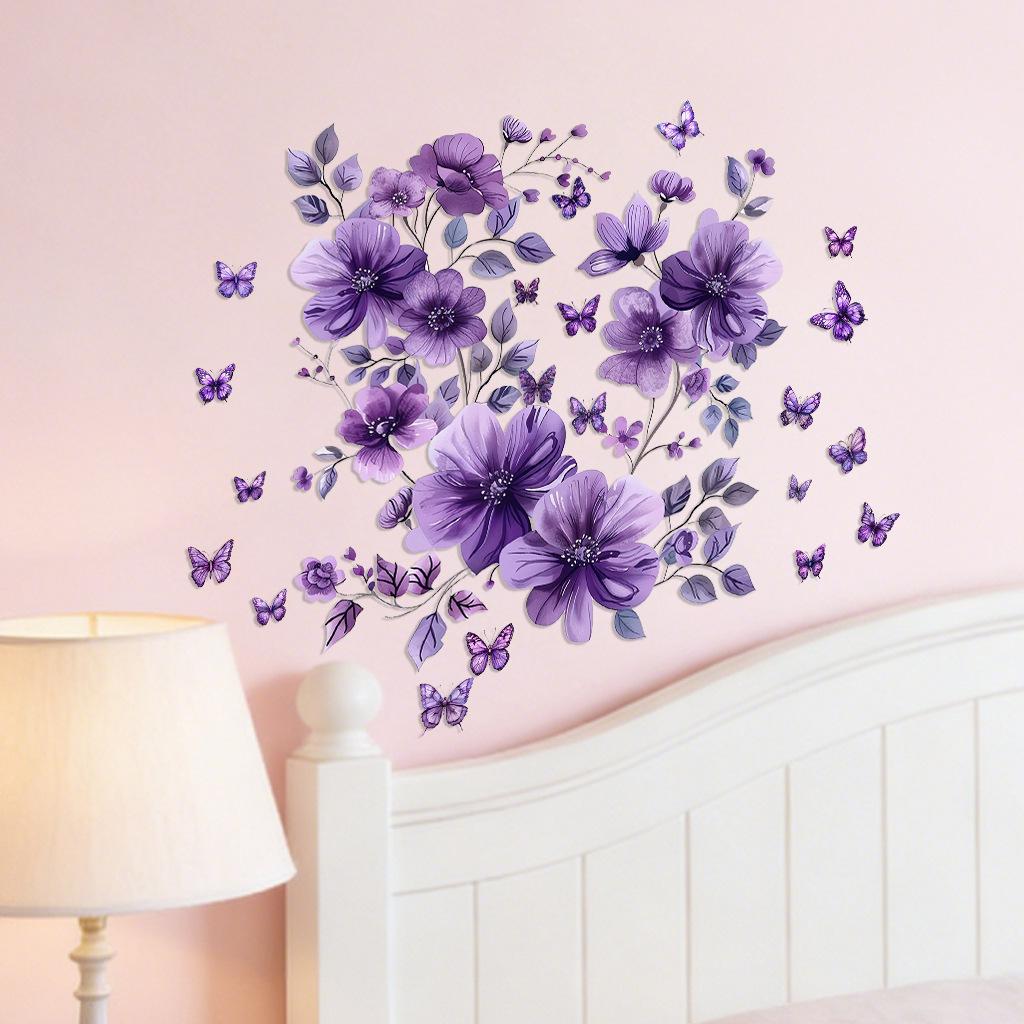 Purple Floral Butterfly Wall Stickers, Removable Anti-Static Waterproof Self-Adhesive PVC Decals for Living Room Bedroom Home Decor
