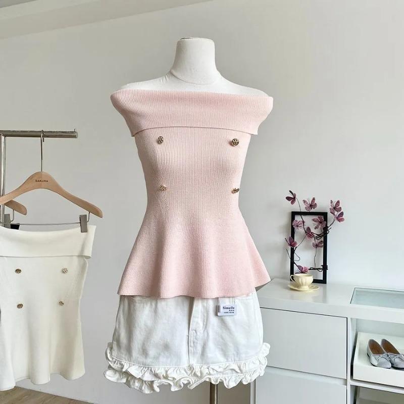 Women Summer Pink Off Shoulder Knit Dress Gold Button Mini Ruffle Dress S