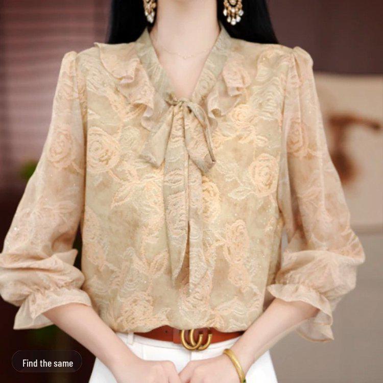 2026 Spring French Light Luxury Floral Tie-Up Three-Quarter Sleeve Top