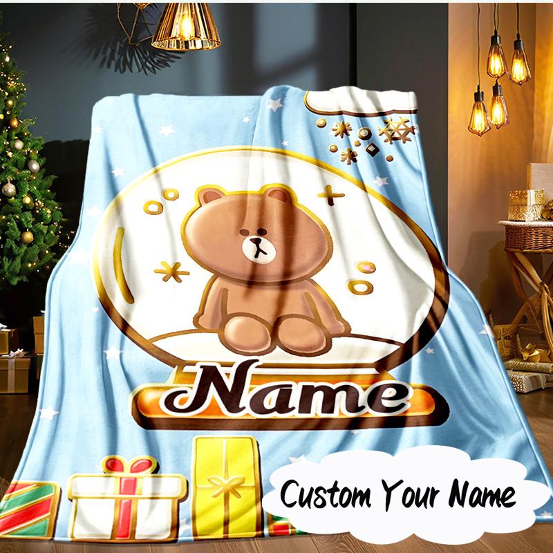 Custom Name Brown Bear Celebration Blanket  Ideal Bedding Blanket Perfect for Travel, Camping, Living Rooms, Offices, Sofas, Fan Christmas Gift
