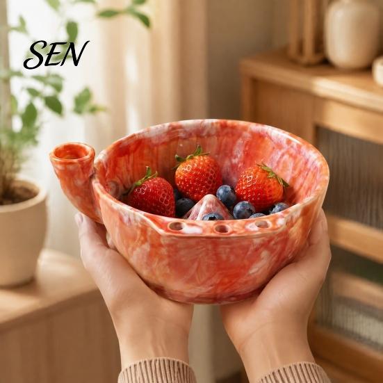 Decorative Fruit Display Dish Ceramic Berry Bowl, Self Rinsing with Drainage Hole Washing Flower Shaped Basket Glazed Bowl for Kitchen Countertop