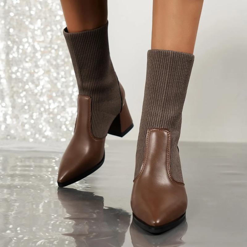 Women High-heeled Boots Temperament Pointed Leather Boots Fashion High Heels Ankle Boot Slim Fit Elastic Socks Boots Botas Mujer