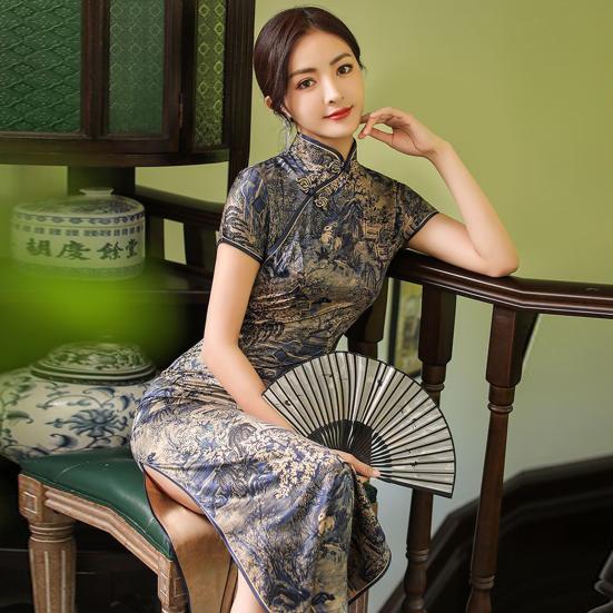 Mandarin Collar Short Sleeve Disc Buckles Smooth Traditional Qipao Chinese Style Mountain
