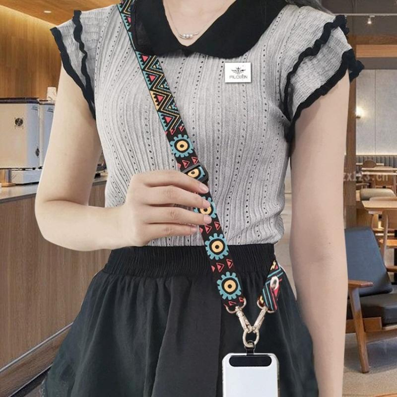 1Pc Mobile Phone Lanyard Retro Extended Guochao Totem Strap Strap Strap Adjustment Sling Lanyard Pattern Mobile Phone Chain Sling