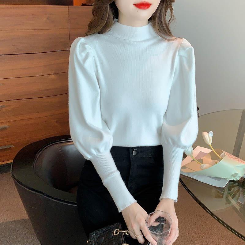Semi-turtleneck Sweater Knitted Sweater Women's Autumn and Winter New Lantern Sleeve Bottoming Shirt Inner Top