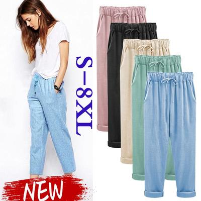 Γυναικεία μόδα Summer Plus Size 8XL Φαρδύ λεπτό λινό Άνετο παντελόνι