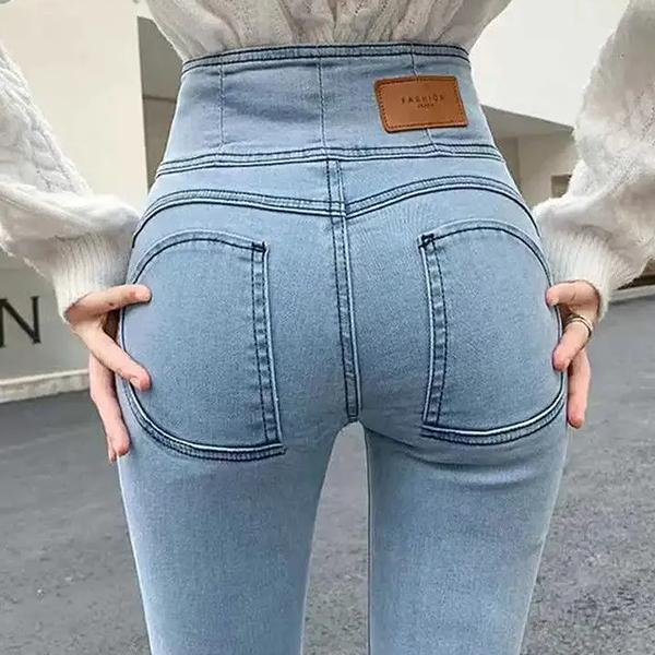 

WTEMPO Большие размеры однотонные длинные джинсы женские ретро с высокой талией повседневные универсальные джинсовые брюки-карандаш с пуговицами XXL синий