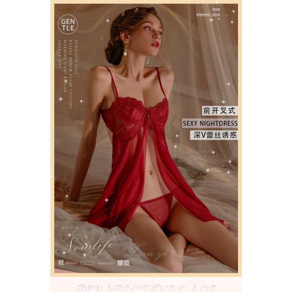 Xianyi Erotic Underwear Perspective Sexy Lace Suspender Nightdress Set Lust Temptation Large Size Steel Ring Uniform 439