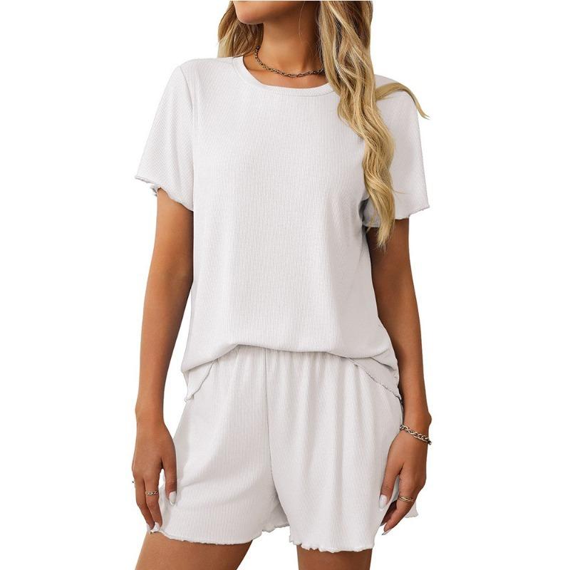 Women's New Summer Solid Colour Pit-striped Pyjamas Short-sleeved Homewear Set