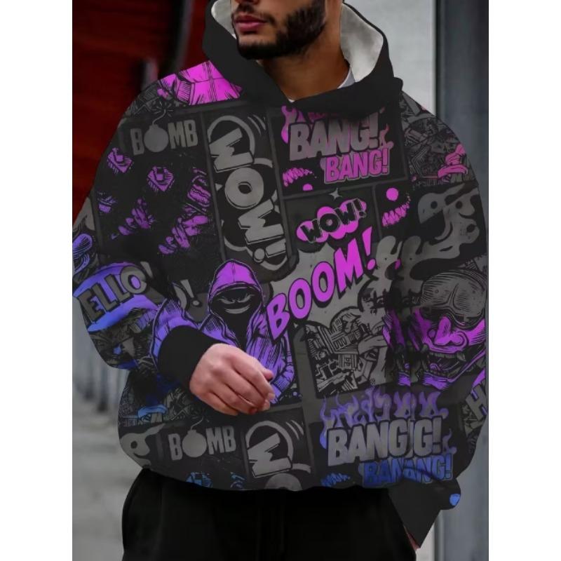 Men's Casual Pattern Design Pullover Hooded Sweatshirt, Paired with Kangaroo Pocket for Winter and Autumn Streetwear