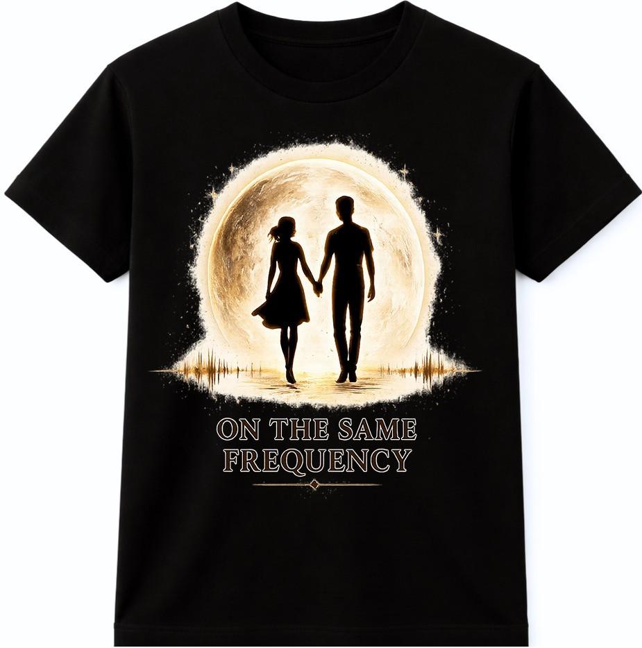 On Same Frequency Couple T Shirt Moon Silhouette Romantic Love Graphic Tee Top XXXXL