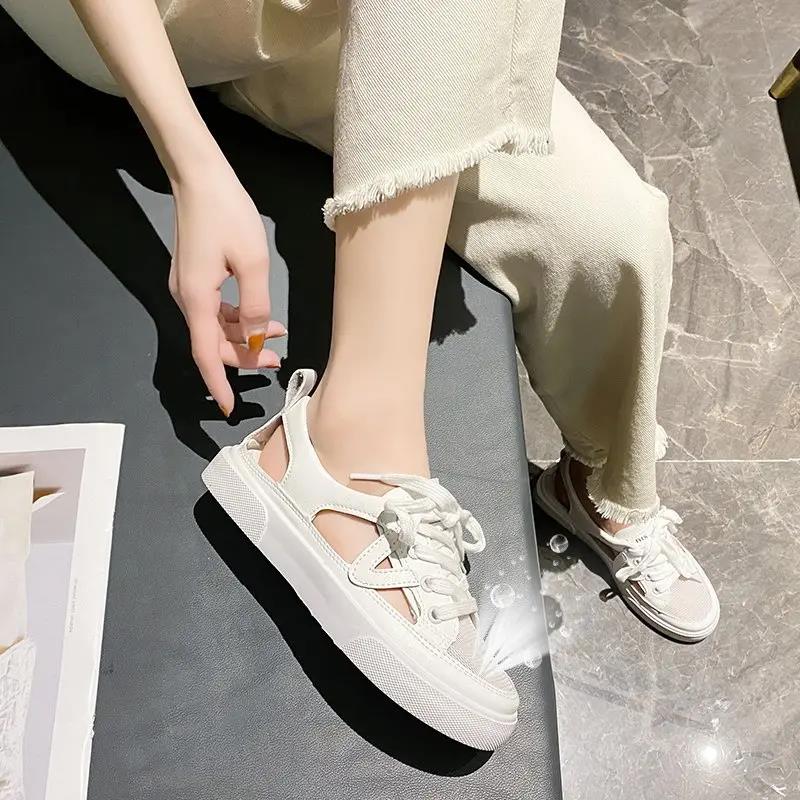 Women's Summer Mesh Casual Sports Sandals Soft Sole Non Slip Breathable Baotou Hollow Out Little White Shoes Casual Board Shoes