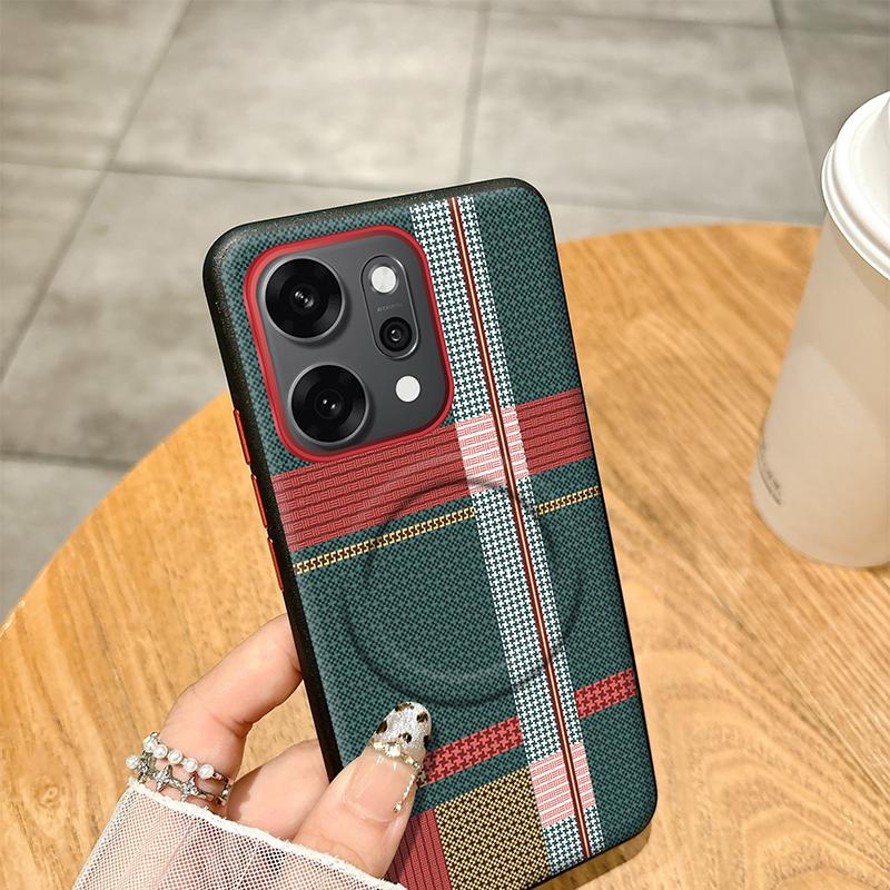 For Oppo Reno14 Pro Case Red Green Stripe Pattern Leather Magsafe Individual Metal Keys Matte Anti-Slip Grip Soft Cover