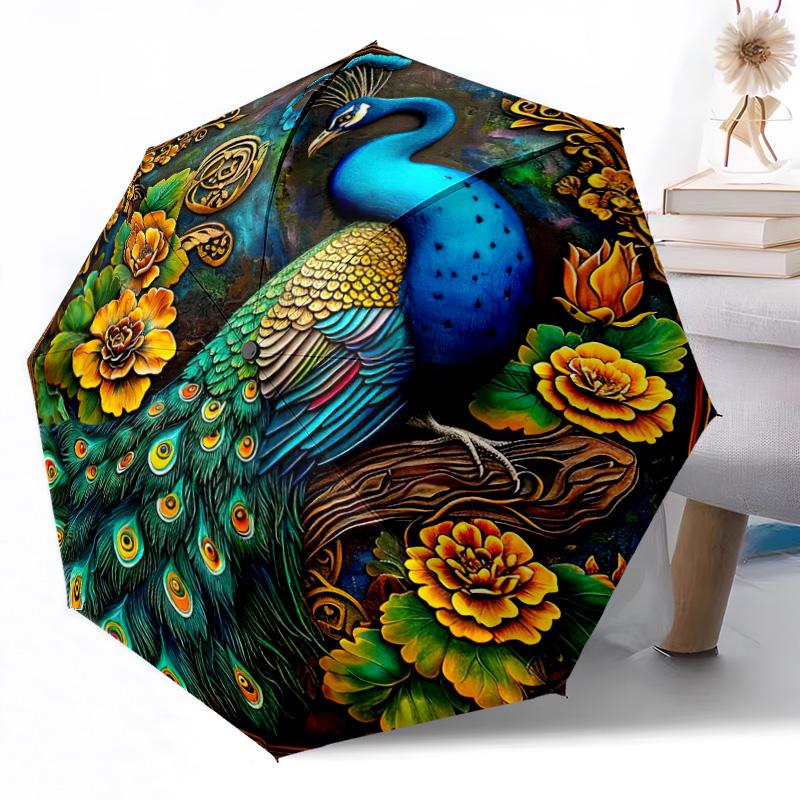 Weißer Pfau im Garten Außen Automatischer Regenschirm Einziehbar mit 8 Speichen Langlebig Leicht Perfektes Geschenk für Freunde Familie