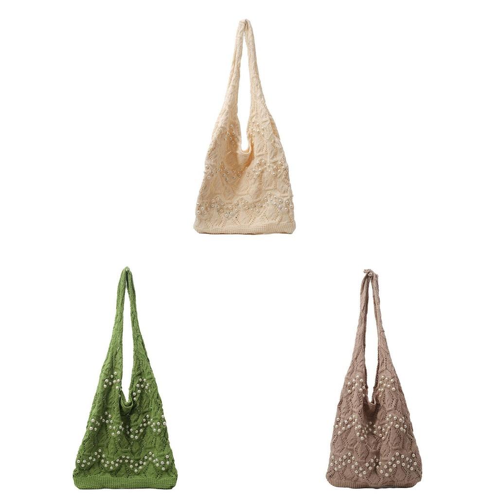 Pearl Decoration Beach Tote Bag For Summer Vacation With Large Capacity And Woven Design For Casual Daily Use