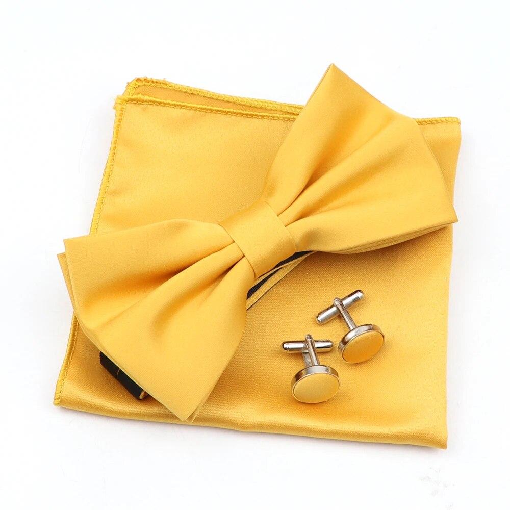 Einfarbiges Herren-Fliege-Taschentuch-Manschettenknopf-Set aus Polyester, Schmetterling, Hochzeit, Party, Abendessen, Zubehör