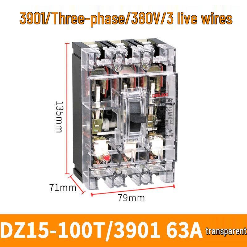 Transparent Hydraulic Electromagnetic Plastic Circuit Breaker DZ15-100T/3901 63A 100A 3-Phase 3P