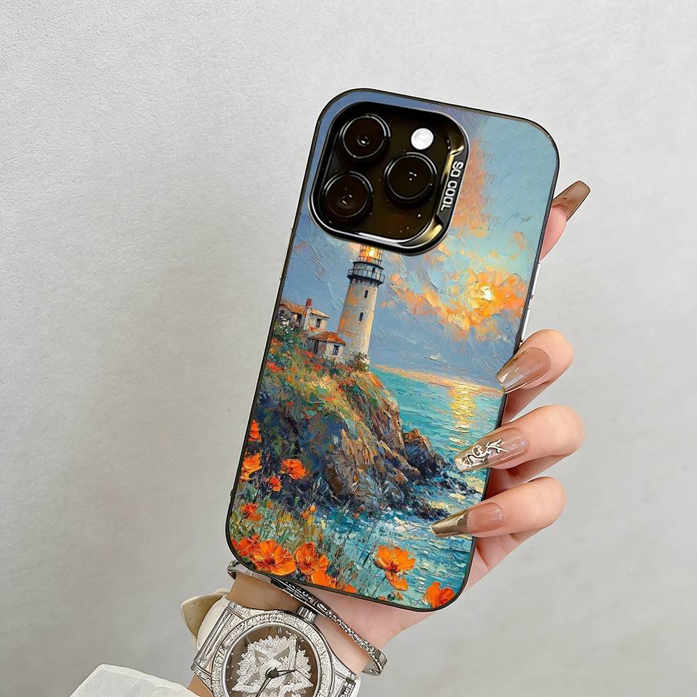 Art oil painting of lighthous Phone Case For iPhone 17,16,15,14,13,12,11 Plus,Pro Max,XS,Colorful Silver Phone case Funda Cover iPhone16