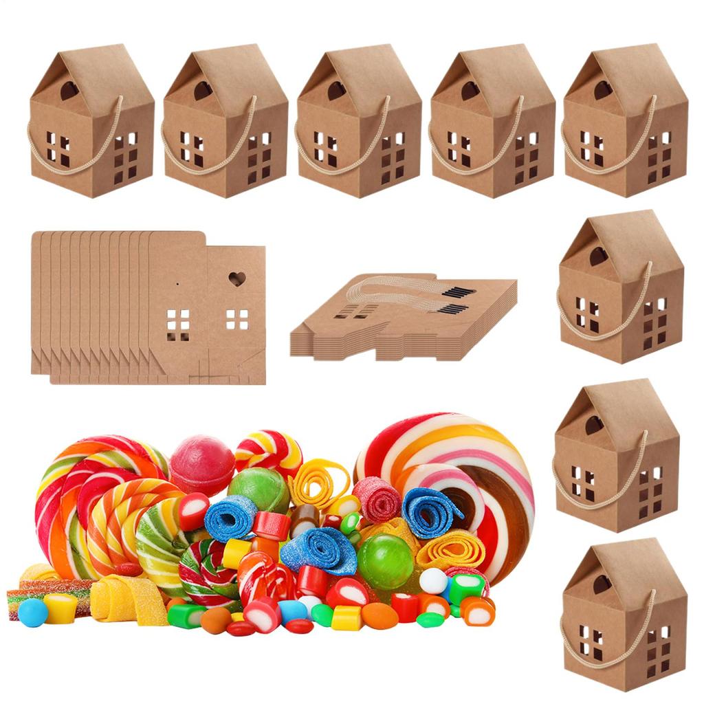 30PCS House Shaped Gift Boxes Kraft Paper Christmas Candy Containers Birthday Party Wedding Holiday Cookie Boxes Decoration