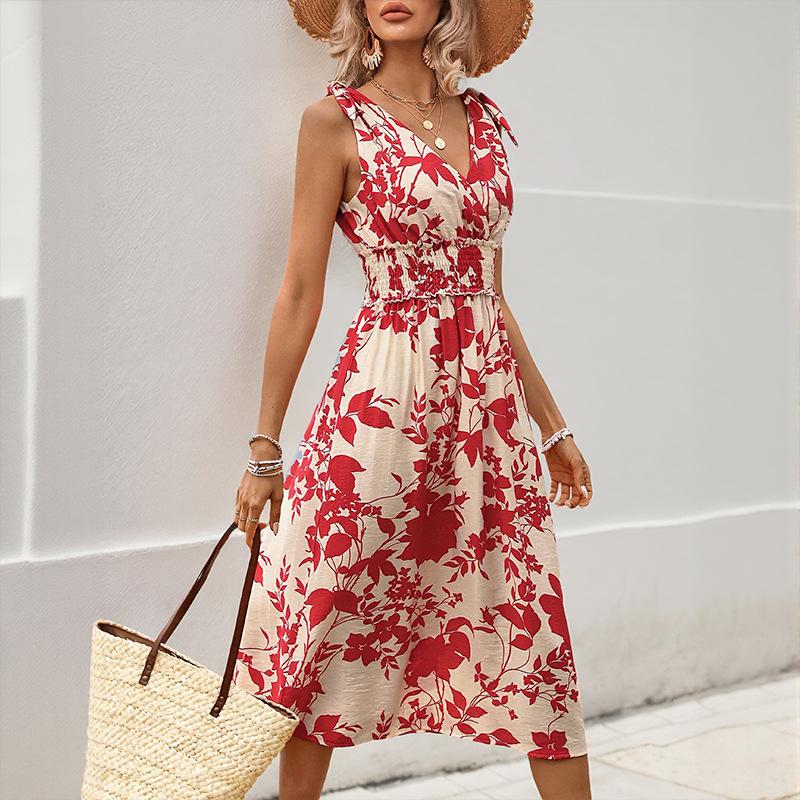 

Europe 2025 summer vacation wind sleeveless v-neck red floral print seaside dress XL
