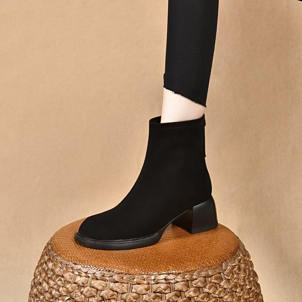 Round Head Fashion Boots Women's Autumn and Winter New Black Simple Temperament Short Boots Thick Heel High Heel Thin Boots