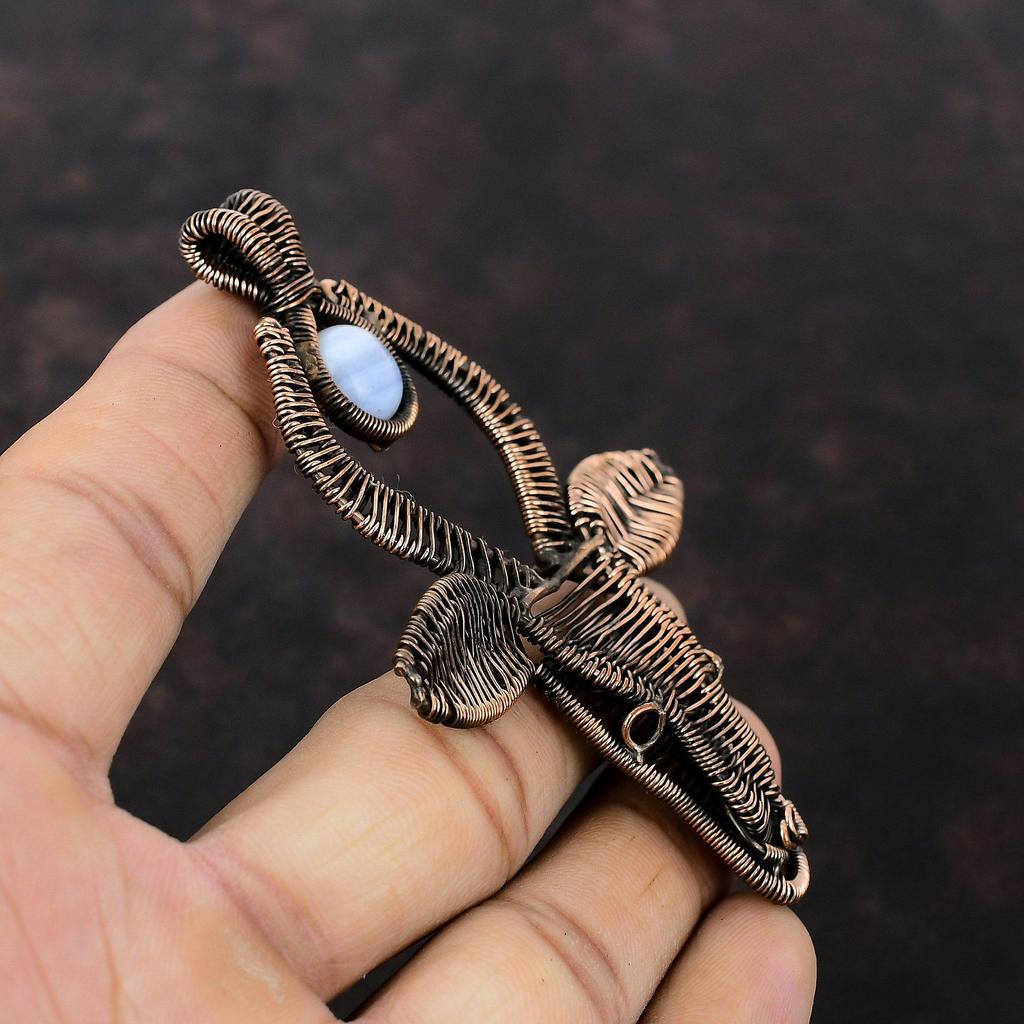 Blue Lace Agate Pendant Copper Wire Wrapped Pendant Handmade Pendant Copper Jewelry Natural Gemstone Pendant Gift For Wife Bull Face Jewelry