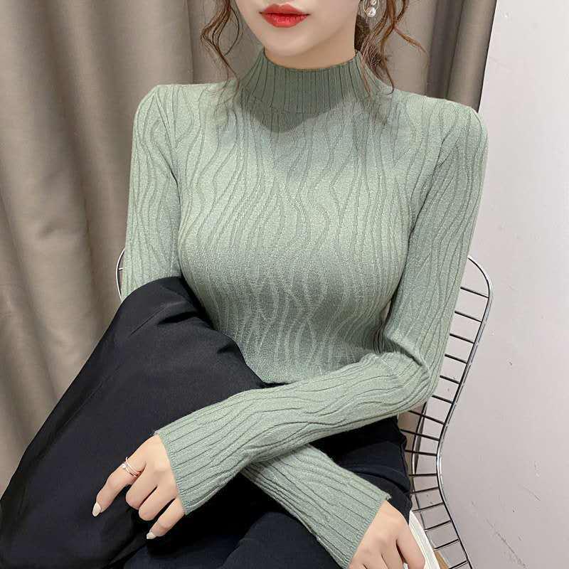 Autumn/Winter Women's Slim Fit Long-Sleeve Knitted Sweater with Semi-High Collar