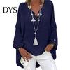 Breathable Cotton Linen Top Women Shirt V-Neck Long Sleeve Mid-length Casual Tops Solid Color Loose Fit Tee Daily Wear Fitting Blouse