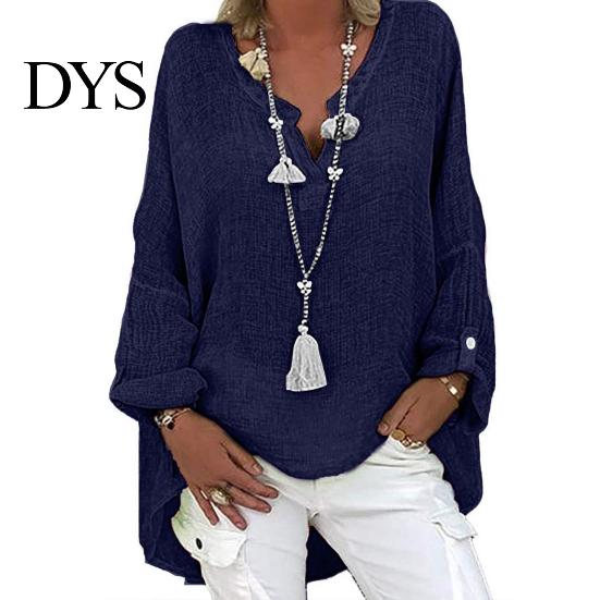 Breathable Cotton Linen Top Women Shirt V-Neck Long Sleeve Mid-length Casual Tops Solid Color Loose Fit Tee Daily Wear Fitting Blouse